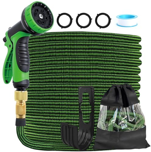 CNMTCCO Expandable Garden Hose Pipe, Flexible Hose Pipe with 10 Function Spray Nozzle, Latex-Core Leak-Proof Garden Water Hose with 1/2 3/4 Solid Brass Fittings for Gardening&Car Washing (100FT)