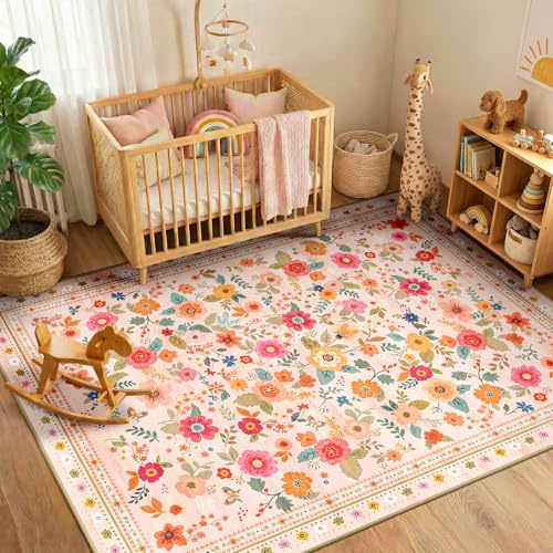 INOVADAY Alfombra Lavable 120x180 cm, Estilo Bohemio, Pelo Corto, Antideslizante, Diseño Estampado Floral, para Salón, Dormitorio, Comedor, Oficina, Habitación Infantil, Rosa/Beige