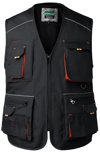 KTWOLEN Gilet de Travail Homme Veste Bricolage de Chantier Gilet Multi Poches Manteau Sans Manche de Travail, Noir, L