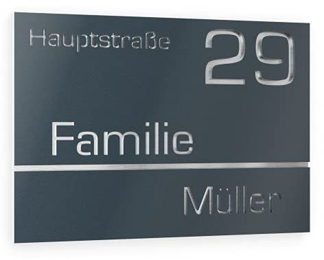 Graviers Design Plaque Numéro de Maison et Nom | Chiffres et lettres personnalisables | 160 x 110 mm Gris Anthracite RAL 7016 | Acier inoxydable | Fabriqué en Allemagne