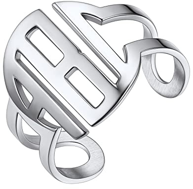 Bijoux Personnalisé Bague Femme Prenom 3 Lettres Monogramme Acier Inoxydable Chaine Doigt Main Fille Cercle Ouvert Fiançailles Amitié Personnalisable Argenté Cadeau Noël Valentin Fêtes des Mères
