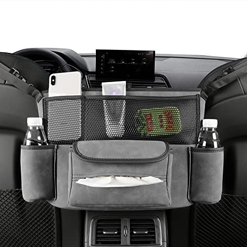 Qirc Car Purse Handbag Holder Between Seats, Suede Car Seat Storage Organizer, Durable Hanging Large Capacity Front Seat Storage Bag (Grey)
