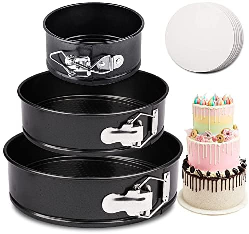 RFAQK Cake Tins for Baking 53 Pcs Springform Cake Tin Kit Includes 3 Round Baking Tins Non Stick Cake Pan (4,7,9 inches) and 50 Parchment Papers-Leak Proof