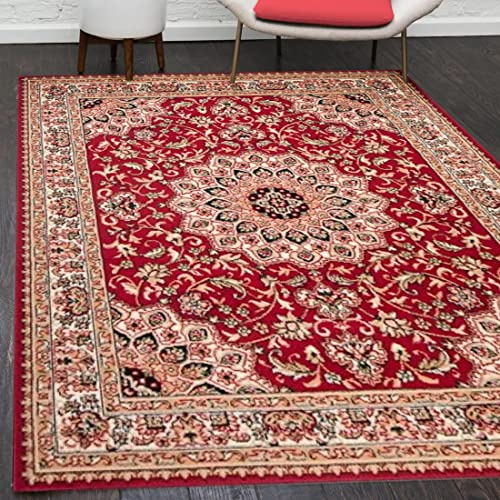 Mazovia Orientalisch Vintage Teppich - Kurzflor - Muster mit Medaillon - Traditioneller Teppich für Wohnzimmer, Esszimmer - ÖKO-TEX Wohnzimmerteppich - Rot 60 x 100 cm