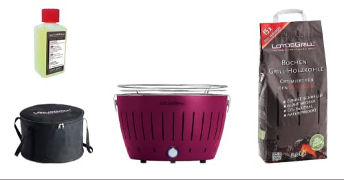 LotusGrill Classic Viola Starter-Set, 1 griglia, 1 carbone di faggio da 2,5 kg, 1 pasta combustibile da 200 ml, 1 borsa per il trasporto (Purple)