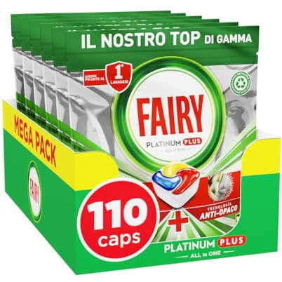 Pastiglie Per Lavastoviglie Fairy Platinum Plus Tutto In Uno Limone, 110 Capsule (5 x 22), La Migliore Pulizia Fairy Come Nuovo, Rimuove L’opacità E Previene Il Calcare