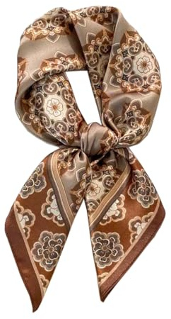 ANDANTINO 100% Mulberry Silk Scarf -21” Lightweight Square Neckerchief – Breathable Digital Printed Scarves with Gift Packed (Flowers-Coffee)