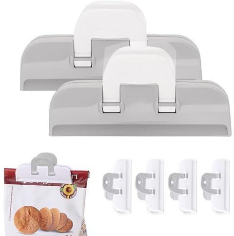 6er Set Verschlussclips für Lebensmittel-Beutel, Verschlussklammern aus Kunststoff, Küchenclip, Tütenclips, Snackspender, Beutelclip, Tütenverschluss Klipper für Tüten(grau weiß)