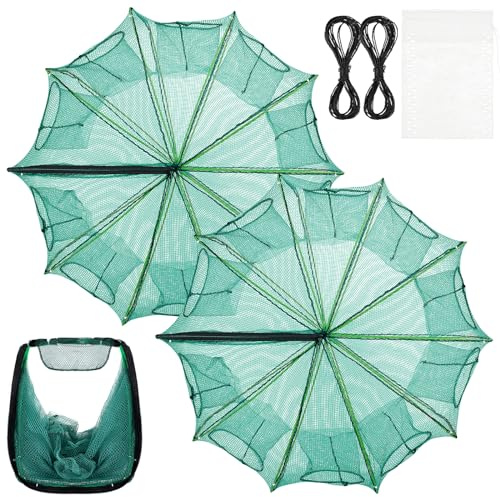 Windyun 2 Pcs Foldable Shrimp Trap 32 x 10 Inches Fishing Trap 10 Holes 10 Sides Portable Fishing Bait Nets for Minnow Crayfish Shrimp Crawdad Bait Accessories with Rope, Bag