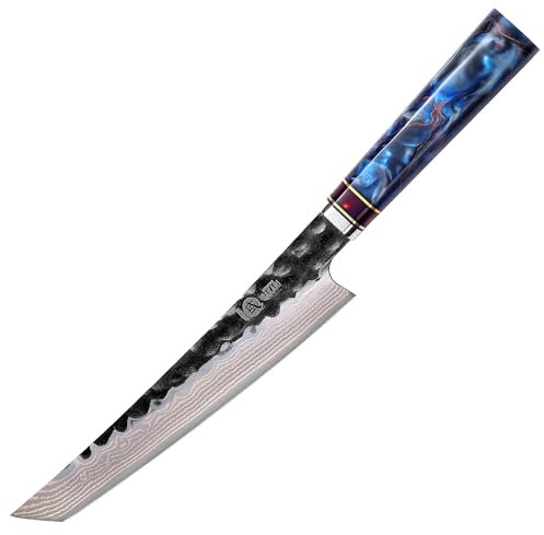 MITSUMOTO SAKARI 21 cm Coltello Giapponese, Coltello Cucina in Acciaio Damascato Tricolore Forgiato a Mano, Coltelli da Cucina Professionali per Sushi (Manico in Resina Blu)