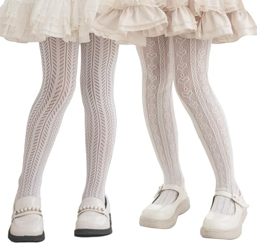 LOLANTA 2-pack flickor mönstrade nätstrumpbyxor, barn ihåliga spetsar, fin fest, strumpbyxor, 3–12 år, Hjärta/vete vitt, 3-5 år