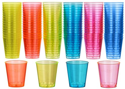 MATANA 60 Vasos de Chupito de Plástico Duro Neón, 30ml - Reactiva a los Rayos UV - Resistentes y Reutilizables - Cumpleaños, Bodas, Despedidas de Soltera o Soltero, Barbacoas, Fiestas