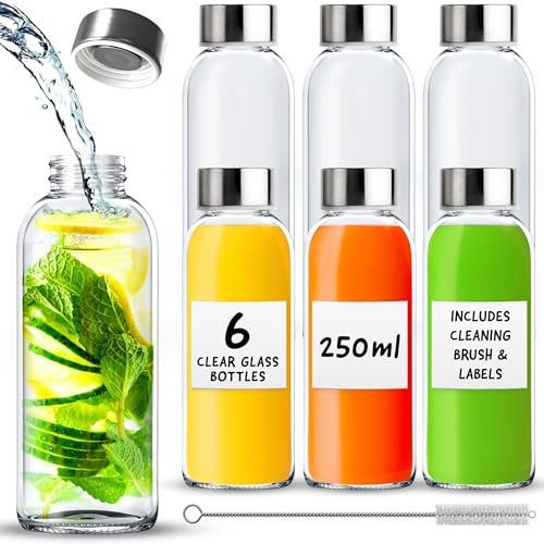 Lot de 6 bouteilles en verre avec couvercles, étanches et réutilisables, pour eau, jus, lait et smoothie, avec couvercles hermétiques en métal, brosse de nettoyage et étiquettes blanches de 250 ml