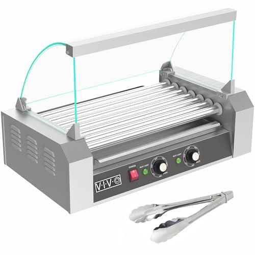 VIVO Electric 18 Hot Dog 7 Roller Grill Warmer, Stainless Steel, Commercial and Household 900W Machine with Cover, HOTDG-V207