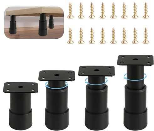 4 Pieces Furniture Feet Adjustable Height 80-120 mm, Adjustable Furniture Feet, Metal Black Legs Adjustable Feet for Furniture Table Wardrobe Chair Sofa Bed Legs Feet - New Version
