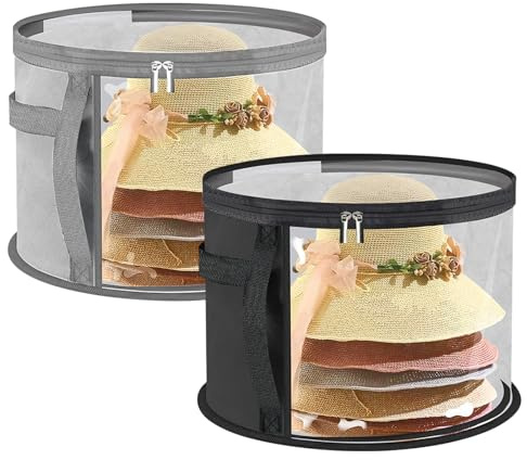 2 Piezas Cajas de Sombreros Redondo,Caja Plegable para Guardar Sombreros Caja Para Sombreros de Tela Con Tapa y Cierre De Cremallera, Asa De Cuero y Ventana Transparente para Guardar Sombreros