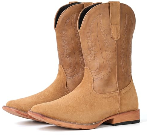 IUV Cowboy Boots for Men Suede Square Toe Western Boots Pull On Durable Classic Embroidered Boot