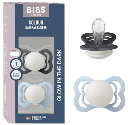 BIBS Supreme Glow Dummy, 0-6 Months, 2-Pack, Baby Blue Glow/Iron Glow | Symmetrical Silicone Teat | Size 1 | BPA-Free | Made in Denmark | Glow Handle | High Teat Acceptance | Airflow Holes
