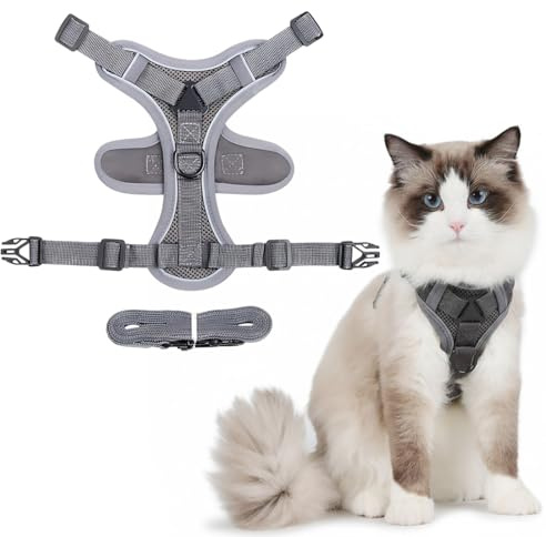 Luxorium Pettorina Gatto Antifuga Regolabile con Guinzaglio Strisce Riflettenti Grigio