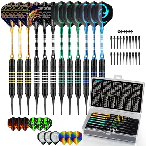 HUANQU 12 Pack Soft Tip Darts Set 18g – Plastic Dart Tips for Soft Tip Darts Board, Extra Dart Flights & Dart Stems, Replacement Dart Tips, Darts Accessories Kit with Portable Darts Case