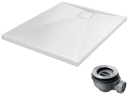 HOROW Duschwanne 80x100 Flach mit Siphon, Acryl Duschtasse mit rutschfester Steinoptik – angenehm nicht kalt & geruchsverhindernd, weiß, für einfache Montage