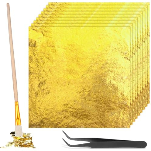Aysatogc 150 ark guldfolie flingor blad guld guldfolie papper 14 x 14 cm bladguld dekoration med pincetter och borstar imitation för guldplätering målning kök hantverk naglar