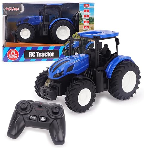 Toyland® Blue Remote Control Tractor Toy | 1:24 Scale RC Farm Tractor with Lights & USB Rechargeable Battery | Indoor & Outdoor Farm Toy for Kids