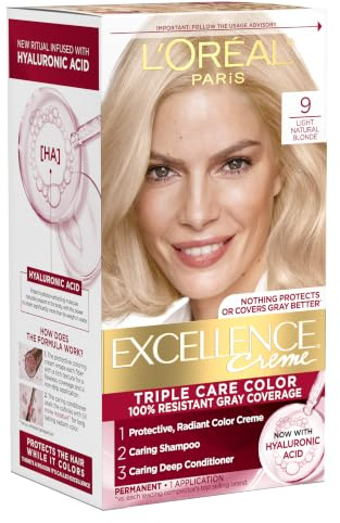 L'Oreal Paris Excellence Crème Permanent Hair Dye, Triple Care Hair Color with Hyaluronic Acid for 100% Gray Coverage, 9 Light Natural Blonde, 1 Kit (Packaging May Vary)