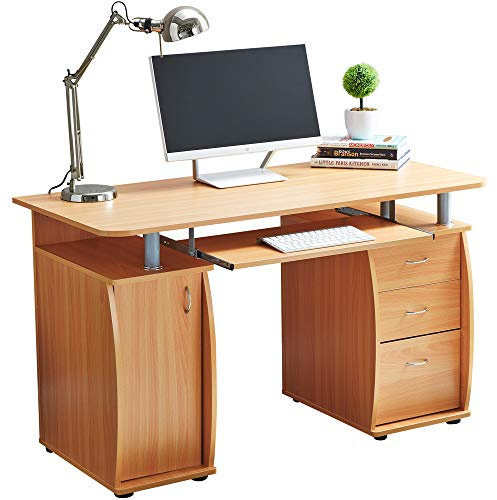 RayGar Deluxe Design Computer-Schreibtisch mit Schrank und 3 Schubladen fürs Heimbüro, Arbeitsplatz beige