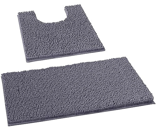 LuxUrux Bath Mat Set, Luxury Chenille (2-Piece) Soft Plush Anti-Slip Rug + Toilet Mat.1'' Microfiber Shaggy Carpet, Super Absorbent (Dark Grey, 80 x 50 cm + U Shaped 50 x 50 cm)