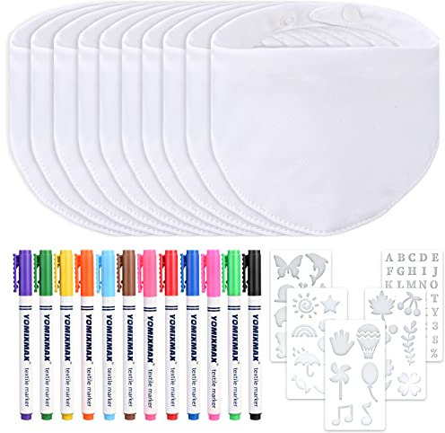 Faburo Baby Lätzchen zum Bemalen, 10 Stück Baby Lätzchen Dreieckstuch Baby Weiß Sabberlätzchen Lätzchen Doppelseitig lätzchen Baumwolle mit 5 Schablonen 12 Bunten Textilstiften für Babyparty