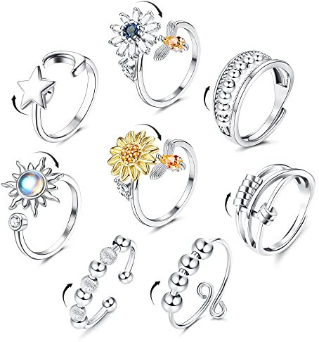 YADOCA 8 Stück Angst Spinner Ringe für Damen Verstellbar Silber Zirkonia Sonnenblume Stern Mond Perlen Band Ring Fidget Angst Ring Perlenring für Angst Stress Ring Anti Angst Relief Ringe mit Box