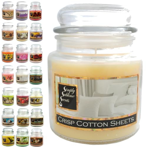 SIMPLY SUBLIME SCENTS - Luxury Scented Candle - Exceptional Fragrance Oil - Medium Glass Jar, Up to 76 Hours - Clever Wax Formula for a Long and Even Burn - Crisp Clean - Cotton Sheets