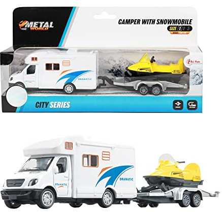 Toi-Toys Camper med snöskoter släpvagn – leksaksbil från 3 år – husvagnsleksak och snöfordon – reträttmotor