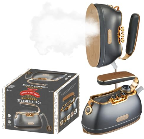 SALAV® Retro Edition Duopress Handheld Garment Steamer & Iron, Ceramic Plate, 1000W, No Drip Steam, Vertical & Horizontal Steam, Titanium - Removes Wrinkles & Refreshes Clothes, Vintage Style