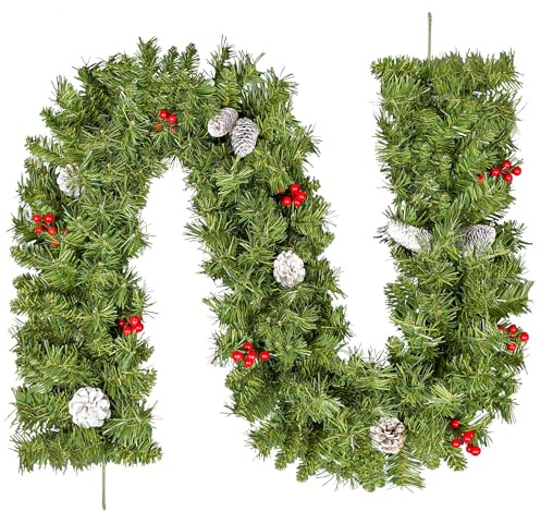 Uten Guirnalda de Navidad Artificial, Corona de Pino de PVC de 2,7 m, 12 Piñas y 12 Frutos Rojos, 240 Ramas, Decoración Navideña, Adecuada para Marcos de Puertas, Chimeneas, Escaleras, Ventanas