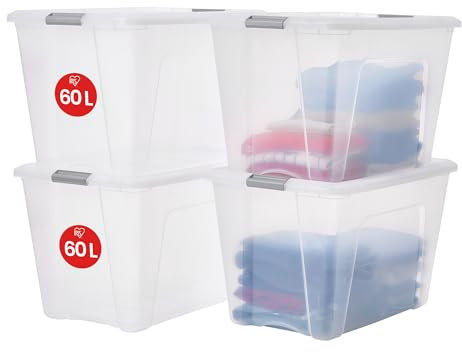 Iris Ohyama Aufbewahrungsboxen mit Deckel, 60L, 4er-Set, Silber, Sicherer Verschluss, Stapelbar, Griffe, für Schlafzimmer, Schrank, Büro, Organisation, BPA-freies Plastik, Ordnungsboxen, NTB-60