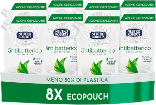 Neutro Roberts, Sapone Liquido Ecopouch Idratante Con Glicerina, Ricarica Ecologica di Sapone Liquido per Le Mani - Dermatologicamente Testato, Senza Sapone - 8 Flaconi da 400 ml