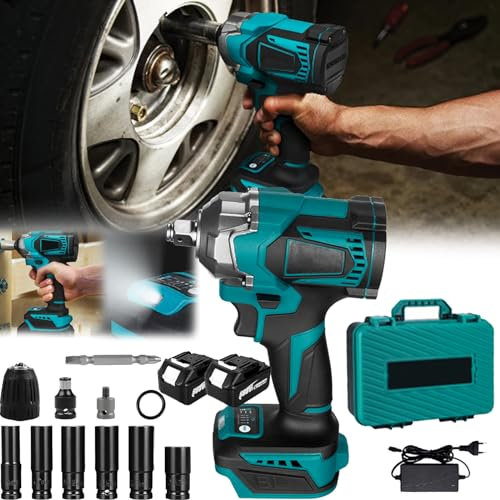 Aisny Schlagschrauber, 1200W 700Nm Akkuschrauber Schlagschrauber Druckluft mit 2 Stück 15000 mAh Akku Drehschlagschrauber Schlagschrauber 1/2 Zoll 6 Stahlsteckschlüssel LED Licht Vier Geschwindigkeit