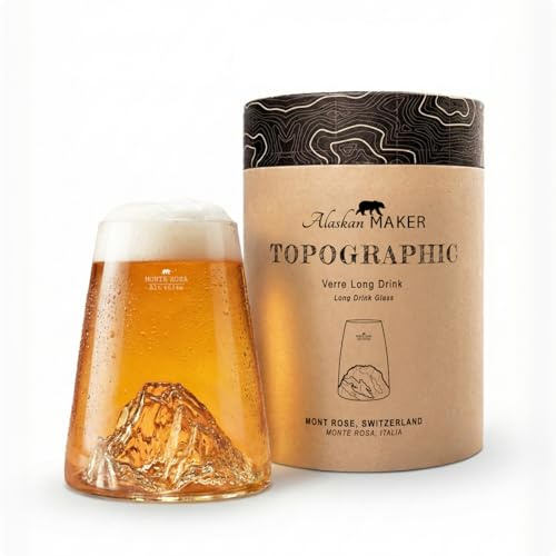 Alaskan MAKER Bicchiere lungo in vetro 450ml - Vetro borosilicato di alta qualità soffiato a mano con montagne in rilievo | Cocktail, birra o bevande analcoliche TOPOGRAPHIC (Monte Rosa)