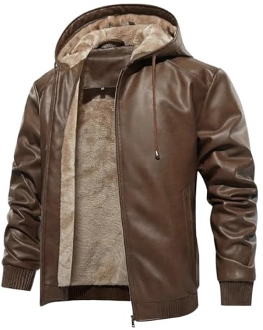 Oanviso Giacca Pelle da Uomo Giacca Moto Giacca Antivento con Cappuccio Invernale Giacche Outdoor Parka di Pelle PU Slim Fit Giubbotto Manica Lunga Biker Giacca G Marrone 3XL