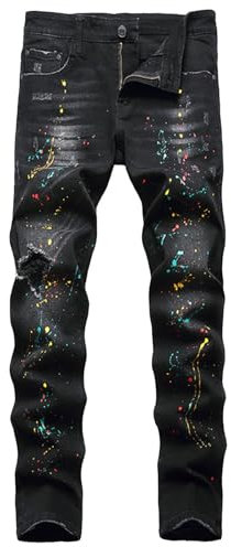 Herr retro slim fit boot cut jeans herr rak passform jeans herr lapp rippad stretch komfort flex midja jeans herr joggingbyxor sommar slitstarka slitna tvättade arbetsjeans för sommaren, Svart, XS