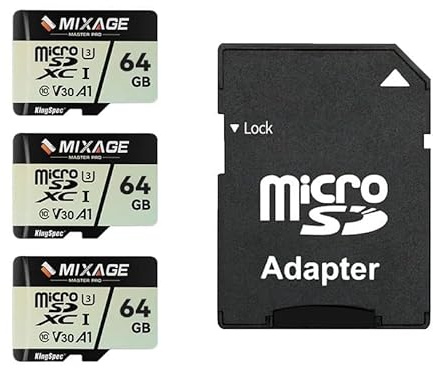 MIXAGE Carte MicroSDXC 64Go Lot de 3 avec Adaptateurs, UHS-I U3/V30/C10/A1-100Mo/s Lecture, 65Mo/s Écriture, 4K UHD - Compatible Smartphones, Consoles Gaming, Caméra Sport & Sécurité