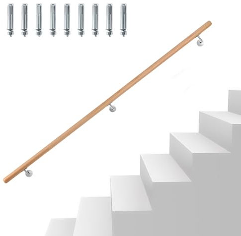 Eikuavons Handlauf Buche Holz, 200cm Geländer Wandhandlauf Wand Treppe mit Wandhalterung und Endkappen, Rutschfester Holzhandlauf Treppengeländer für Treppen Balkon, Runder 42 mm Ø