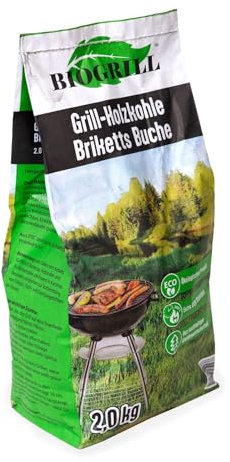 BIOGRILL Holzkohle Briketts 2 kg aus Reiner Buche, Premium Qualität Grillkohle Briketts, Perfekt für Grill & BBQ und Dutch Oven, Extra Lange Brenndauer Intensive Glut. (2 kg)
