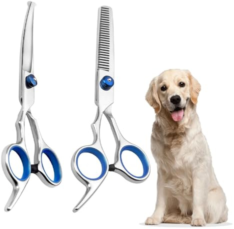 2 PCS Dog Grooming Scissor Stainless Steel Pet Hair Cutting Scissors Salon Professional Thinning Scissors with Safety Round Tips for Men Women Children Pets Hair Trimming and Thinning