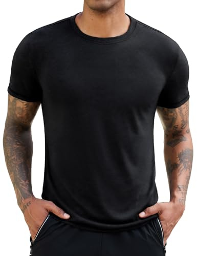 Xnova Tee Shirt Homme Basiques Uni Hauts à col Rond Décontractés Doux et Polyvalents T-Shirt Tops Manches Courtes (Noir, L)