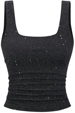 GORGLITTER Women's Glitter Crop Tank Tops Going Out Vest Sparkly Tops | Ruched, Slim Fit, Square Neck, Sleeveless, Sequin Festival Tops for Summer, Party, Holiday, Night Out