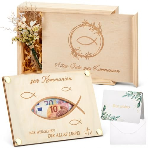 Maitys Set de 4 Regalos de Madera para Primera Comunión Incluye Caja para Regalar Dinero, Tarjeta para Dinero, Tarjeta de Madera con Diseño de Pez, Flores Secas, Decoración para Niños