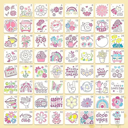 64 plantillas de flores para pintar, plantillas de pintura reutilizables en estilo hippie, ideales para tarjetas de regalo, diseño textil, madera y proyectos de bricolaje